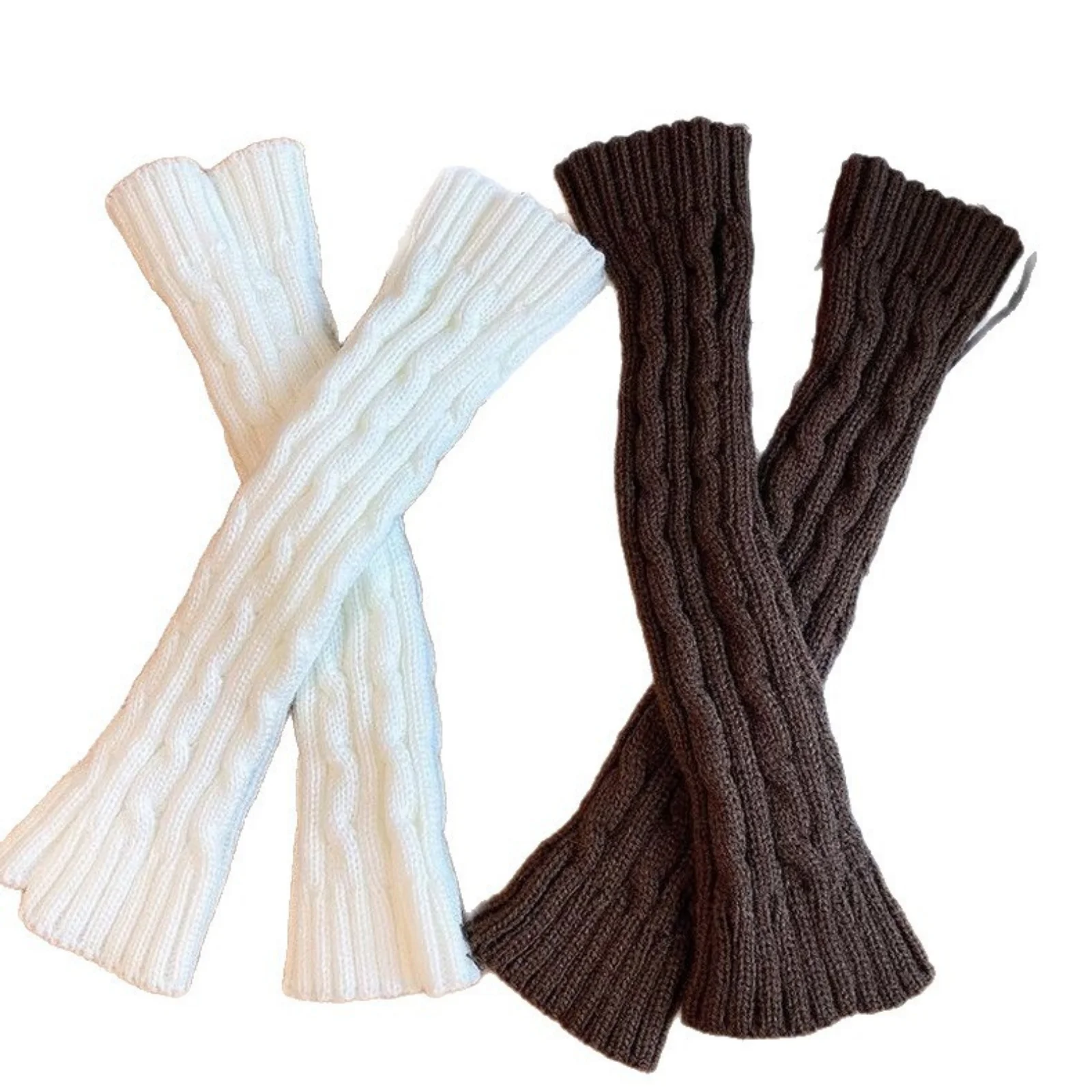 2PCS Cable Knit Fingerless Gloves, Women's Soft Warm Knitted Arm Warmers, White Winter Hand Accessories, Stylish Elastic