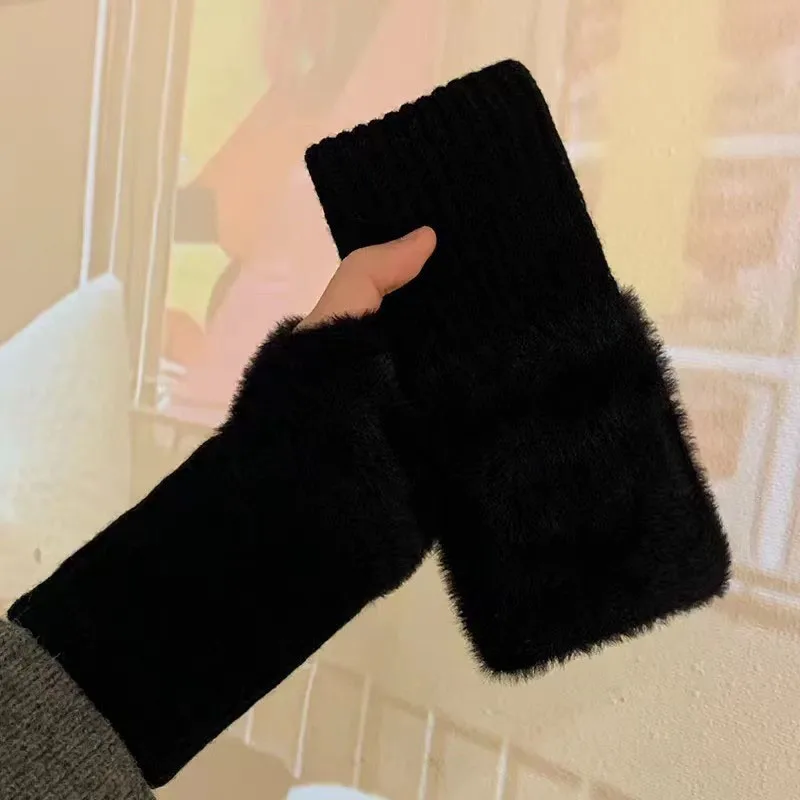 Winter Touch Screen Plush Warm Gloves Women Outdoor Warm Stretch Furry Mittens Wool Half Finger Fingerless Wrist Mitten