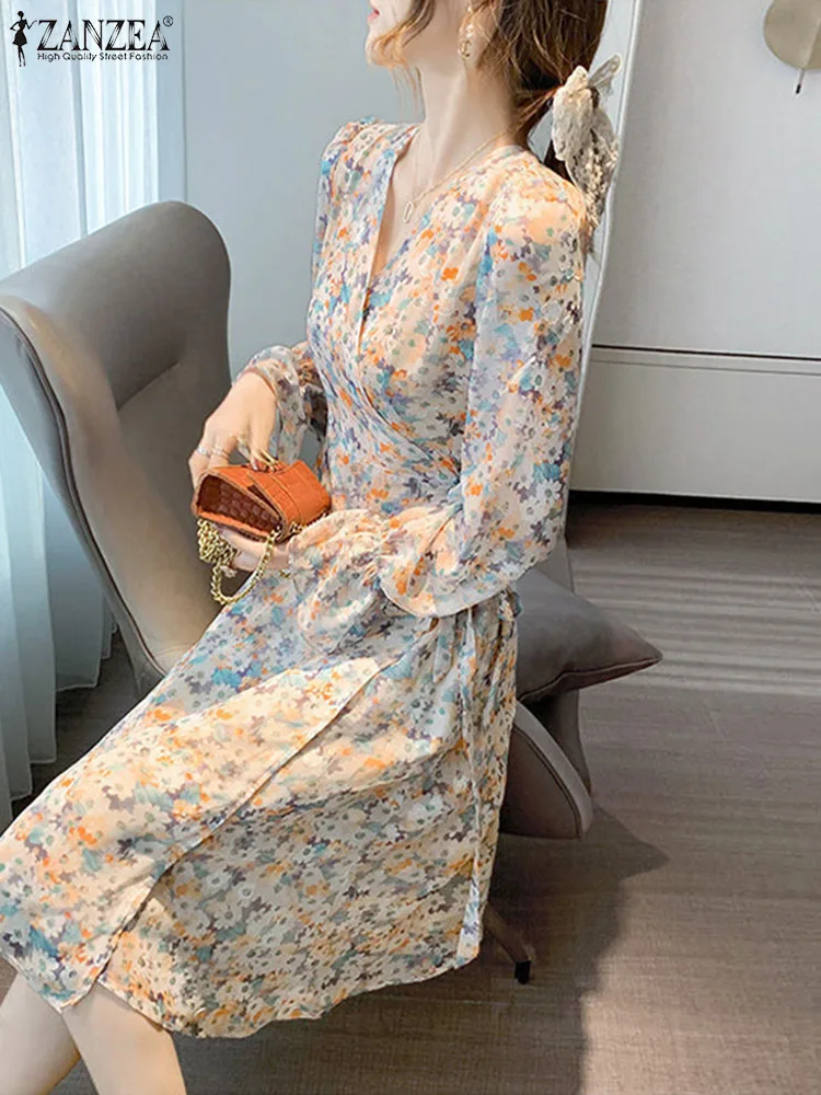 

ZANZEA Elegant Flare Long Sleeve Vestido Women Flowers Print Long Dress Vintage 2023 Autumn V Neck Robe A Line Wrap Midi Dresses