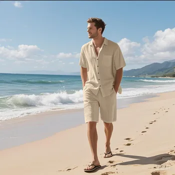 The 2025 Summer Men's suit is a linen shirt short-sleeved and two-piece shorts set suitable for a vacation and casual beachstyle