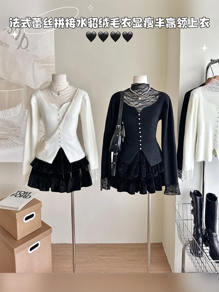 

Женский трикотажный кружевной свитер в стиле пэчворк, облегающий свитер с длинным рукавом, новинка зимы 2023, повседневные пуловеры, Свитера