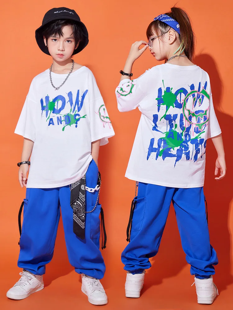 

Kid Hip Hop Clothing White Graphic Tee Oversized T Shirt Top Blue Cargo Jogger Pants for Girls Boys Jazz Dance Costume Clothes