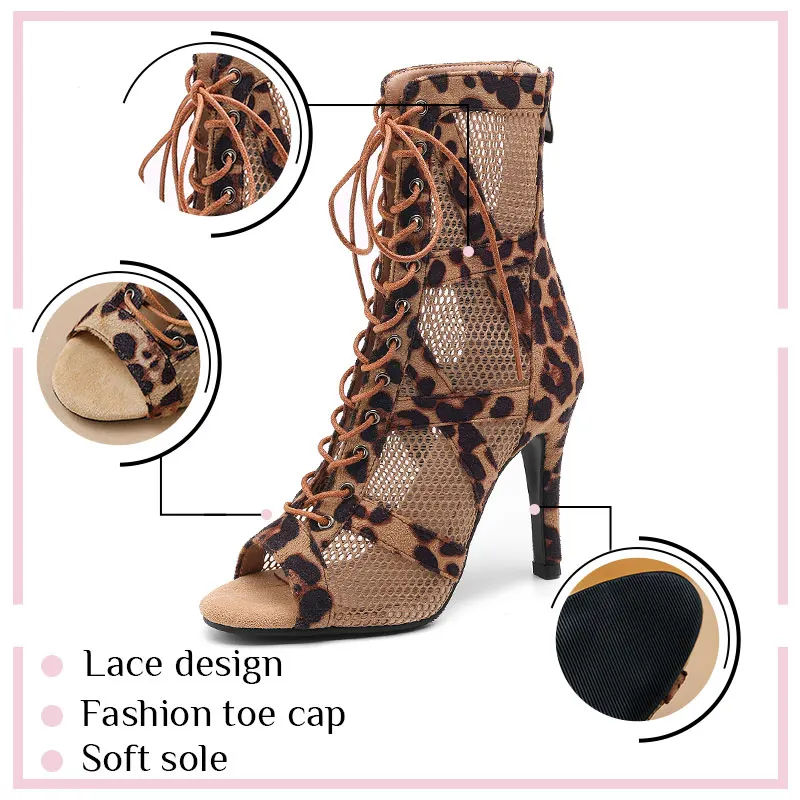 Women Leopard Print Latin Dance Shoes Women Jazz Tango Pole Dance Lace-up Sexy Mesh Boots New Soft Sole Indoor/Outdoor dance shoes