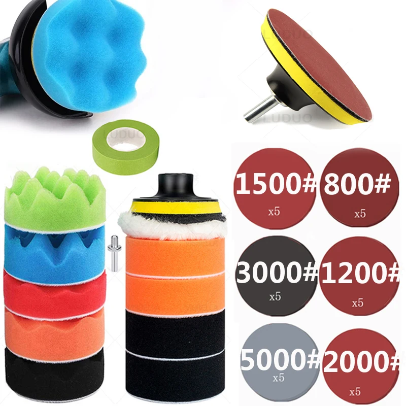 3inch Car Polishing Pad Buffing Waxing Sponge Wool Polishing Disc 15Pcs/Set Sandpaper for Car Polisher Drill Adapter Polish Kit imported car polishing pad kit waxing sponge car polish buffing pad 6 inch sponge car polisher waxing pad buffing kit 150mm foam