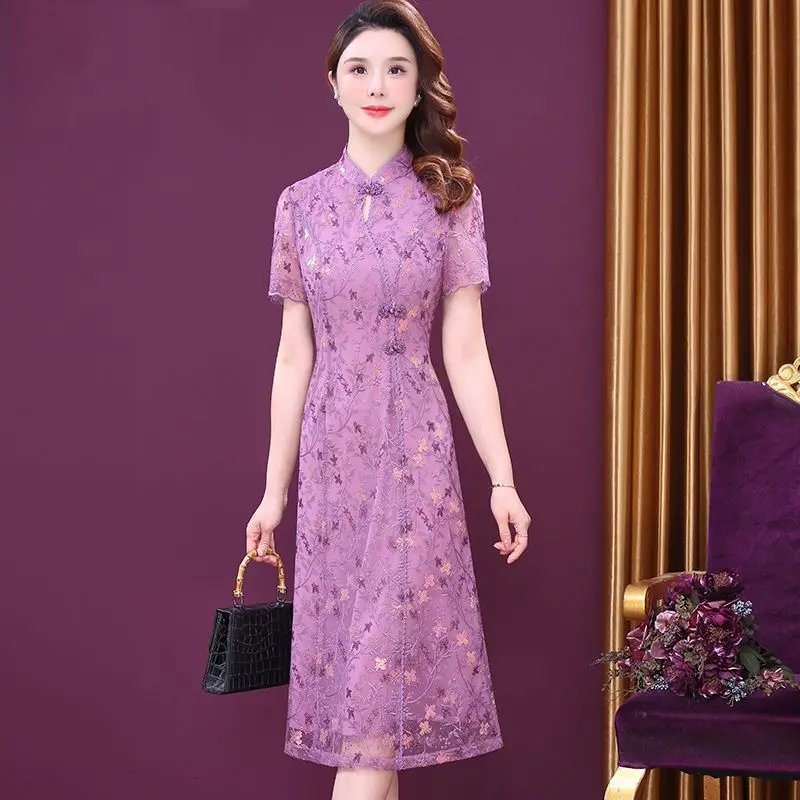 

Embroidered New Spring/Summer Purple Dress Stand up dignified elegant Pullover Short Sleeve Long Dress Commuter Korean Edition