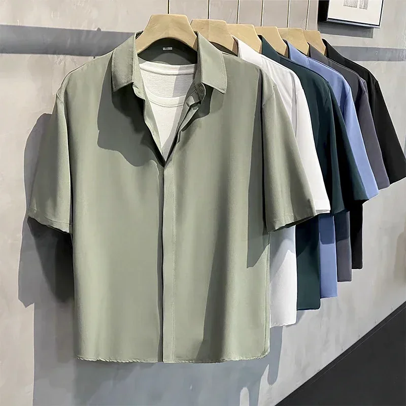 Short-sleeved White Shirt Men Summer New Anti-wrinkle Fashion Korea Casual Button Pocket Shirt Male Clothing Loose Top 2