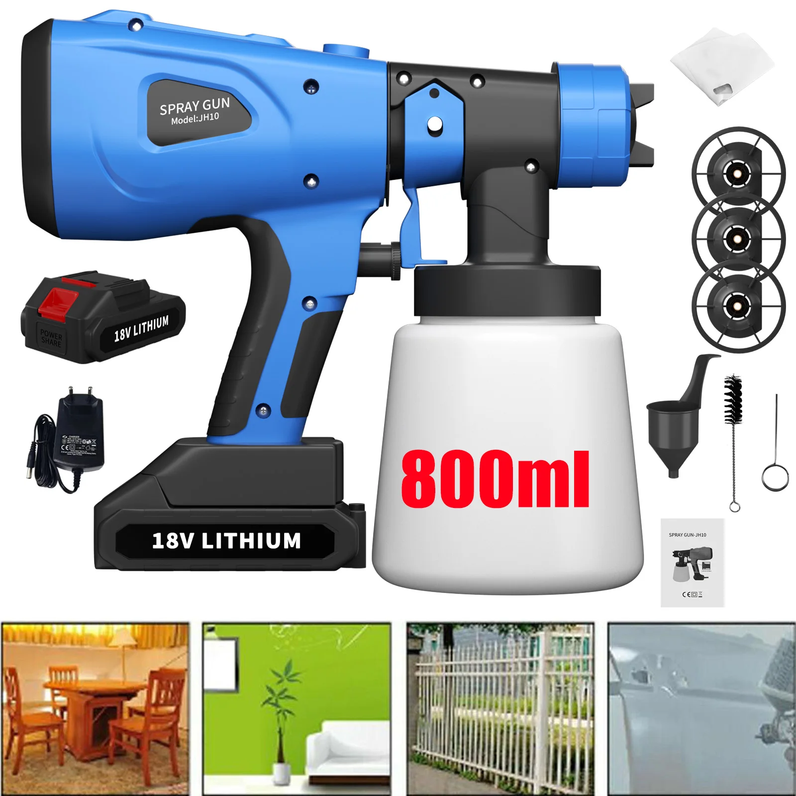 DayPlus-pistola de pulverización de pintura inalámbrica, 1000ml, 3 patrones, pulverizador de pintura de cercas, potente PISTOLA DE PULVERIZACIÓN eléctrica HVLP para pintura de techo