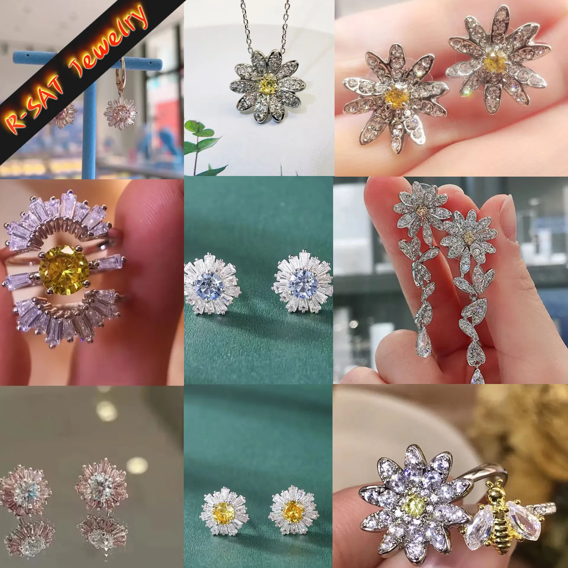 Flower Yellow Blue Stainless Steel Necklace Earring Bracelet