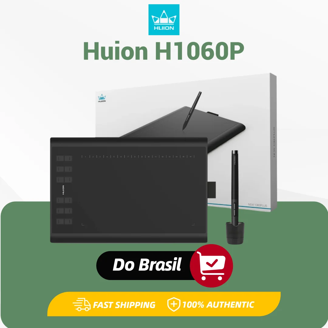 Tablet Gráfico HUION 10x6 Polegadas H1060P para Desenho com Caneta sem Bateria, 28 Teclas de Atalho e Conexão Fácil ao Celular