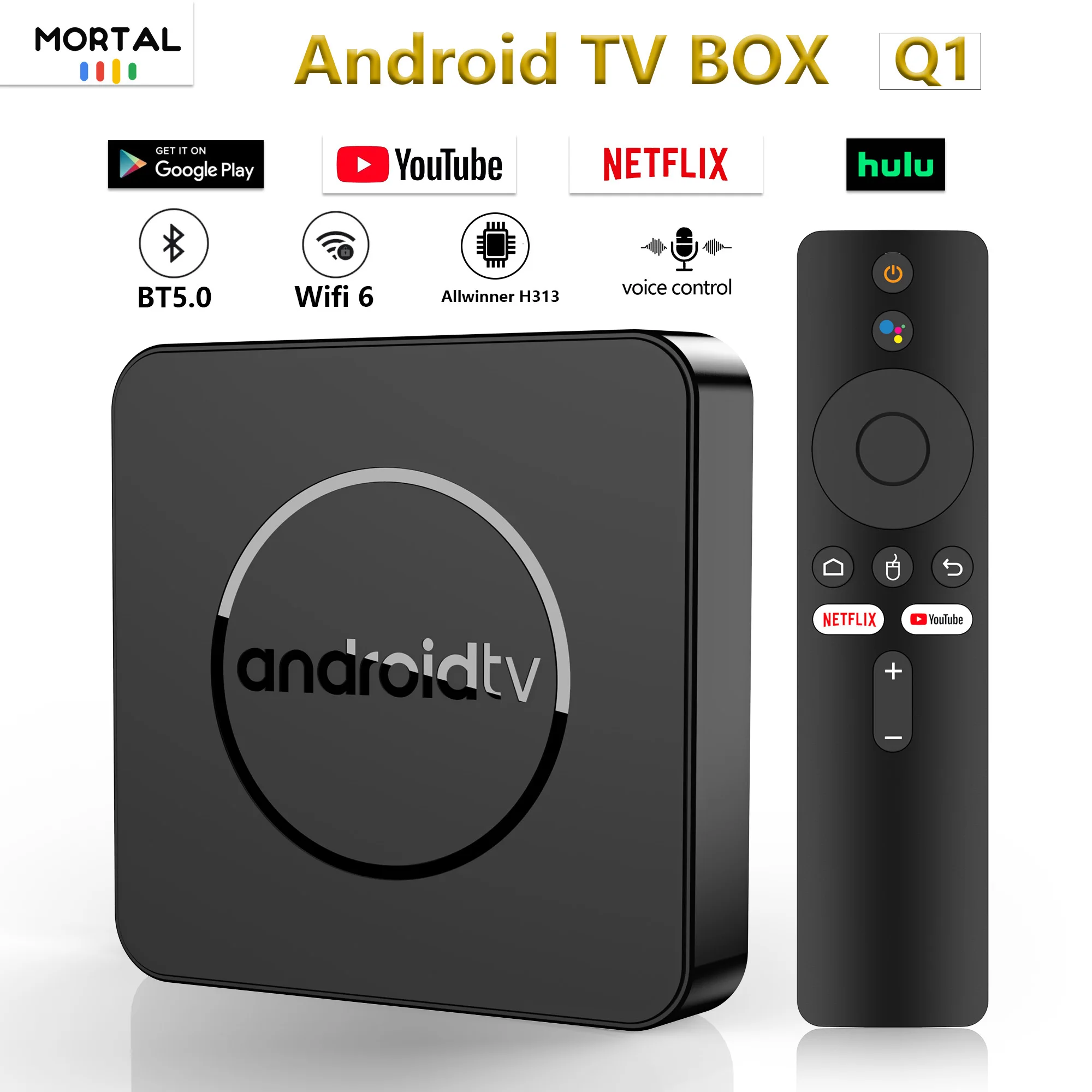 Mortal Q1 Smart TV Box Android 14 Voice Control Allwinner H313 Google Netflix Youtube Wifi6 HDR 10 BT 5 Chromecast Set-top Box smart tv box
