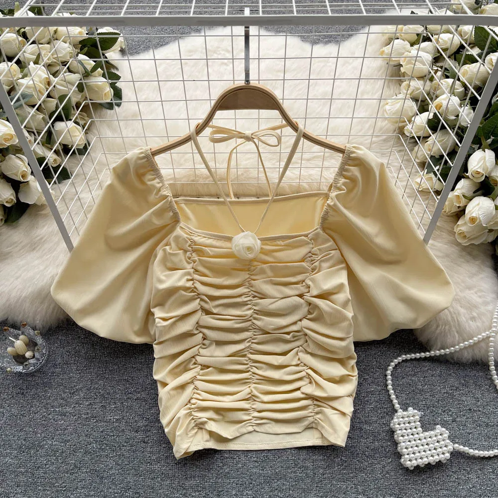 

French Square Neck Pleated Bubble Sleeve Shirt Summer Hanging Neck Strap 3D Flower Strap Short Top