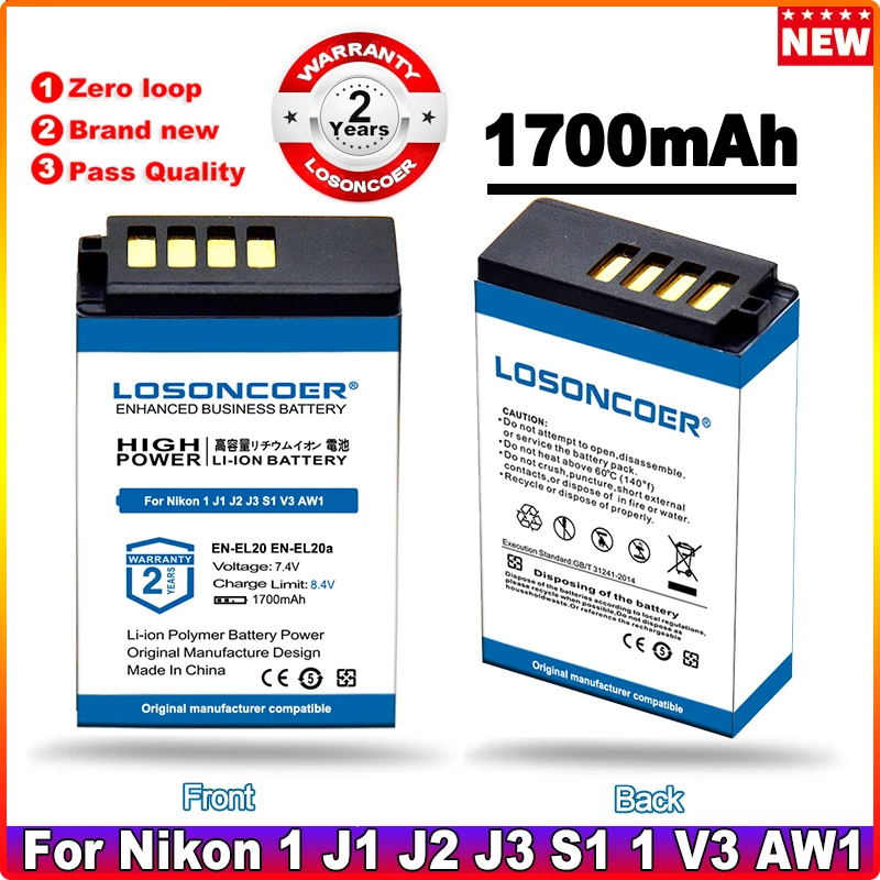 

LOSONCOER 1700AmAh EN-EL20a EN-EL20 Battery For Nikon Coolpix P1000 Nikon1 AW1 J1 J2 J3 1 S1 1 V3