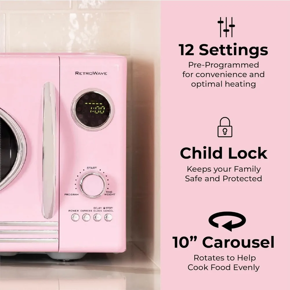 Microwave Oven, 800 Watt 0.9 Cu Ft 12 Pre-Programmed Cooking Settings Digital Clock Pink & Retro Wide 2-Slice Toaster, Vintage