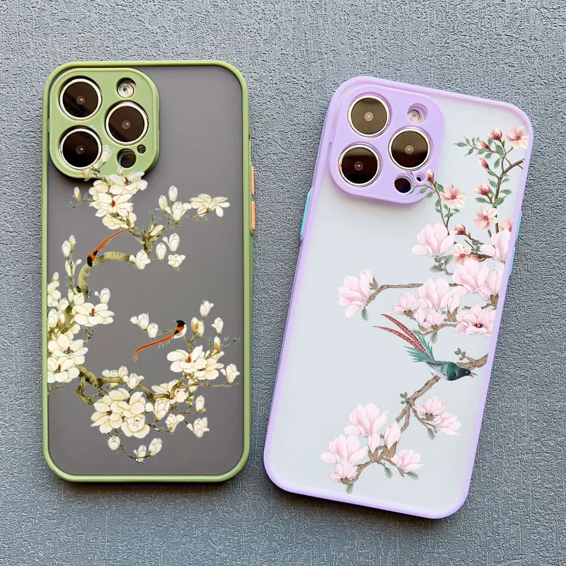 Birds Watercolor Pattern Shockproof Phone Case with Floral Design