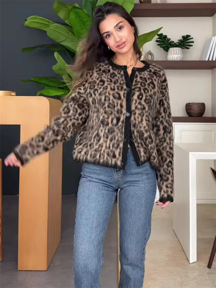Suéter tipo cárdigan de leopardo para mujer, con estampado de moda en contraste, holgado, de manga larga, para ir al trabajo, cárdigan de otoño para mujer