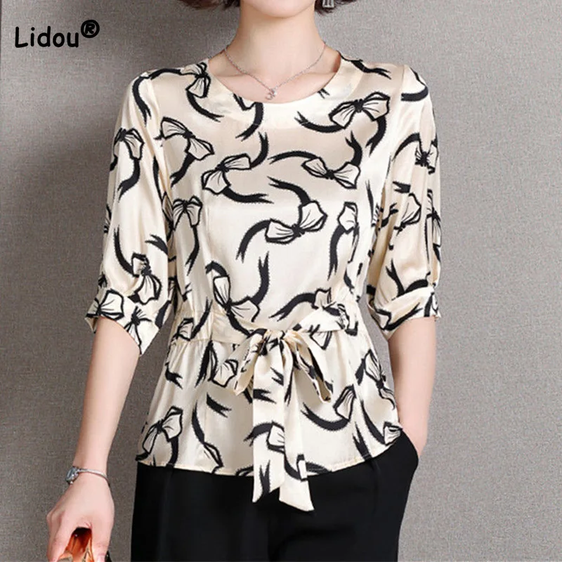 

Casual Round Neck Printing Bow Lacing Waist T-shirts Half Sleeves Simplicity Summer Clothes for Women Loose Pullover Female Top
