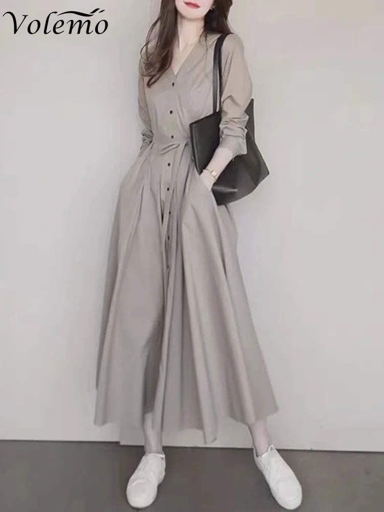 

2023 Spring Summer French Solid Color Long Skirt Temperament Retro Gentle Casual Skirt Design Sense Shirt Dress Women
