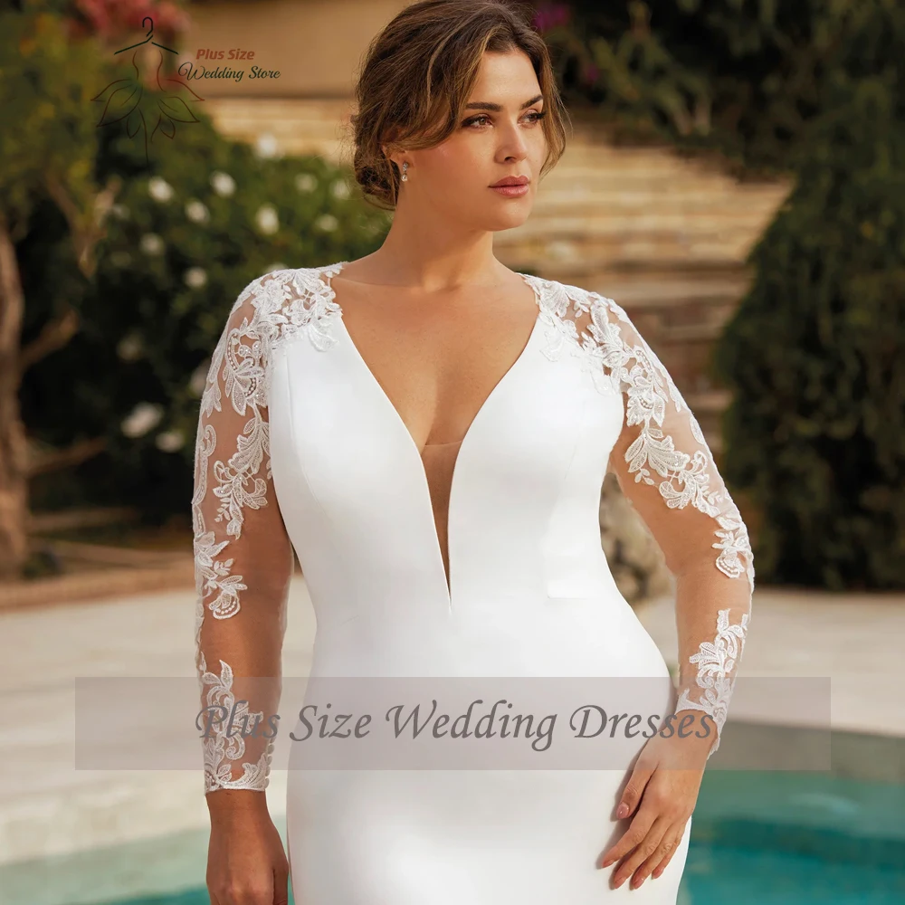 Classic Mermaid Wedding Dresses Plus Size V Neck Long Illusion Sleeves Bride Gowns Appliques Floor Length Robe De Mariee 2024 3