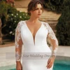 Classic Mermaid Wedding Dresses Plus Size V Neck Long Illusion Sleeves Bride Gowns Appliques Floor Length Robe De Mariee 2024 3
