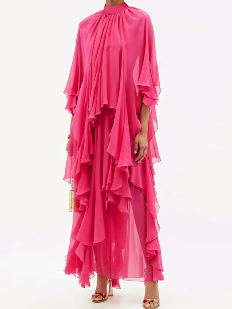 

summer new cape boho women's resort chiffon maxi dress irregular runway show designer ruffle dress skirt pleated dress