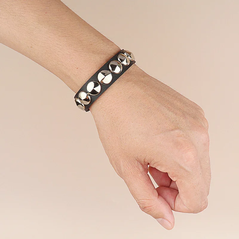 Punk Studded Leather Cuff Bracelet For Women & Men - Wide Adjustable Gothic Rivet Wristband - View #9