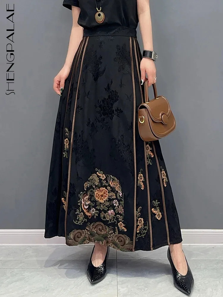 

SHENGPALAE New A-line Skirt 2024 Spring Summer Chinese Style Satin Jacquard Splice Embroidered Elegant Women's Clothing 5R9541