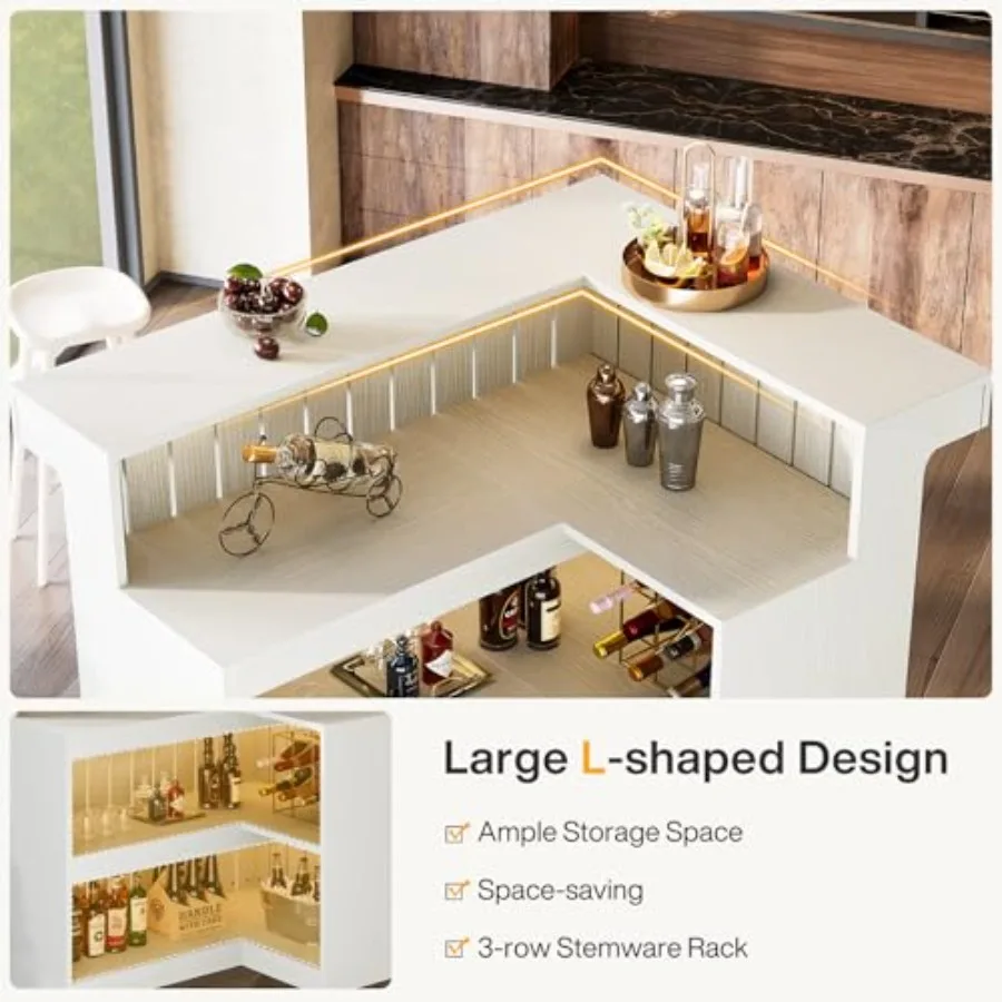 L-Shaped Home Bar Unit 4-Tier Corner Liquor Bar Table with Storage Shelves and Wine Glasses Holder Industrial Wine Cabinet Rece