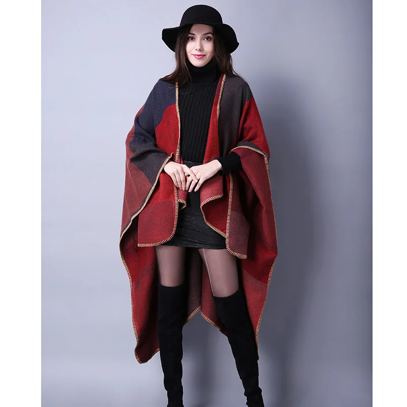 

Autumn Winter Women Travel Shawl Imitation Cashmere European National Style Fork Thickened Cloak Ponchos Capes Gray