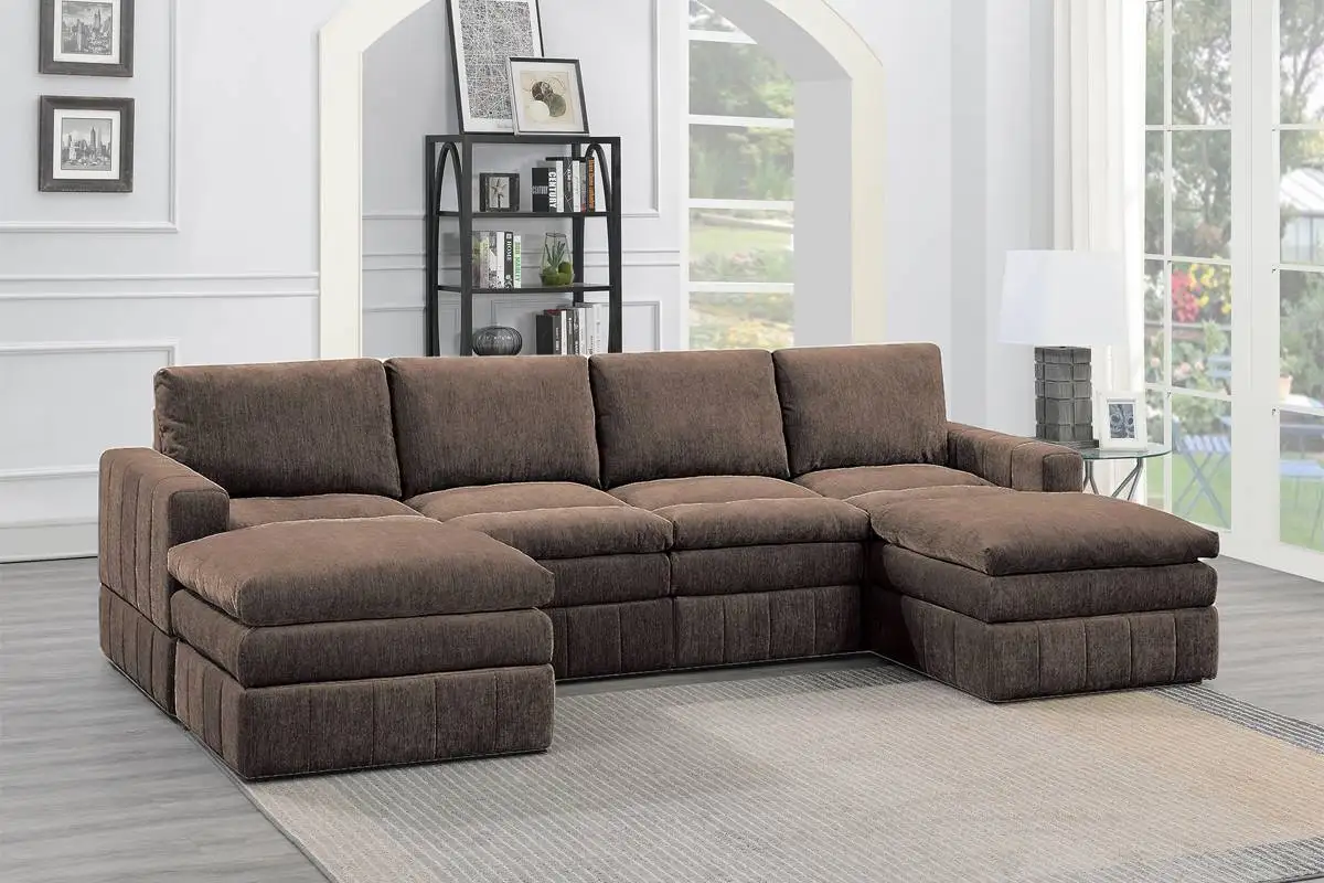 

Contemporary 6pc Set Modular Sectional Set 2x One Arm Chair / Wedge 2x Armless Chairs 2x Ottomans Mink Morgan Fabric Plush Livin