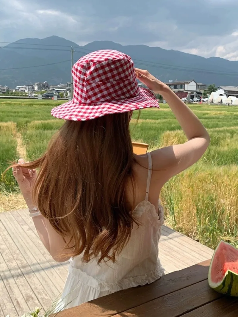 Vintage Plaids Bucket Hats Women Ins Versatile Sweet Lace-up