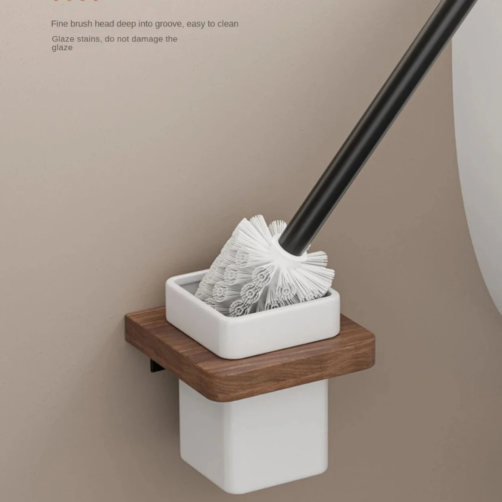 Wall-Mounted Toilet Brush Holder Set, Ceramic Base, Solid Wood, Luxury Bathroom Accessories, No Dead Corner