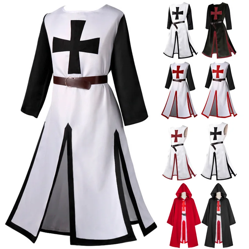 Фото Мужской средневековый крестовый Рыцари Templar Туника Косплей костюмы Ренессанс Хэллоуин сюрпальто воин черный чумный плащ верхний пояс №1