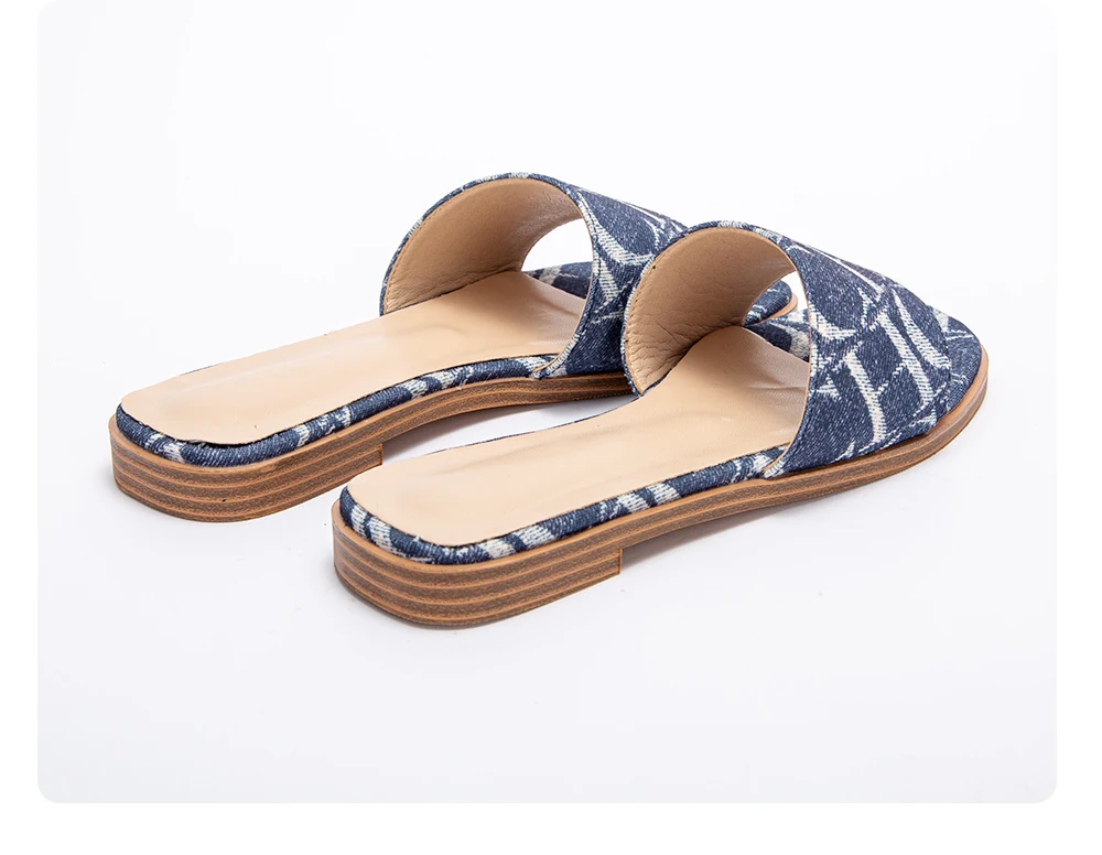 Classic Simple Design Chic Beige Pattern Flat Slides Women Summer Slip On Sandals Anti slip Sole OUT1085