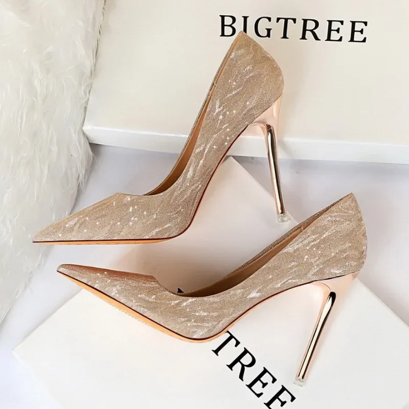

New Fashion High Heels 10.5CM Pointed Toe Glitter Pumps Women Party Sexy Gold Silver Wedding Femme Shoes