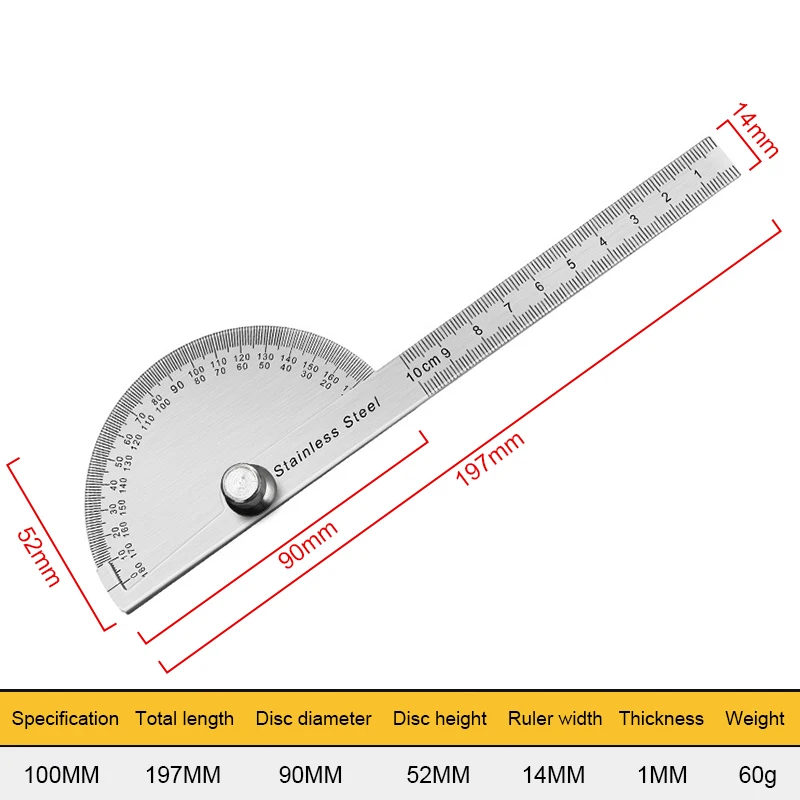 180 Degree Protractor Metal Angle Finder Goniometer Stainless Steel
