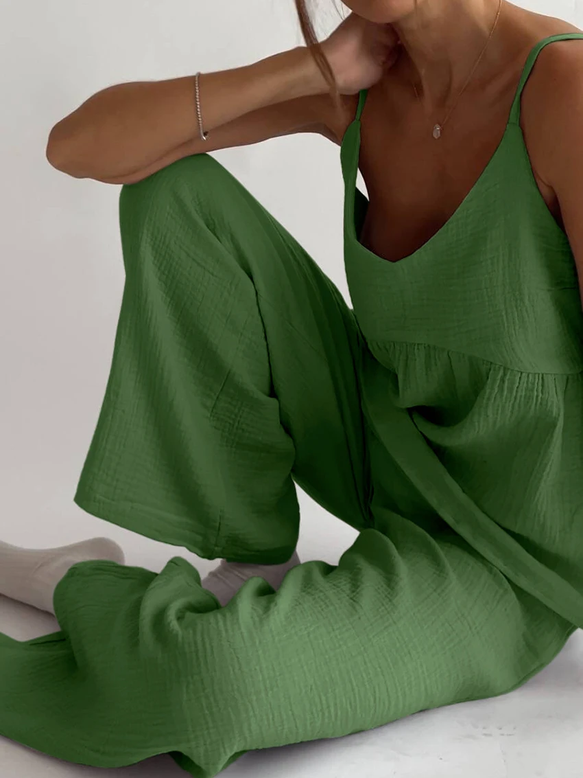 Marthaqiqi Cotton Ladies Nightwear Suit Sexy Spaghetti Strap Nightwear Backless Nightgowns Wide Leg Pants Home Clothes For Women