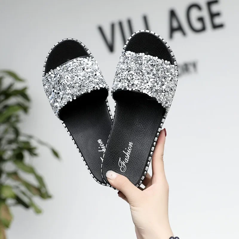 Bling Slippers New Summer Women Shoes Outdoor Beach Sandals Fashion Rhinestone Flat Sandalias Ladies Casual Slides Sandale Femme