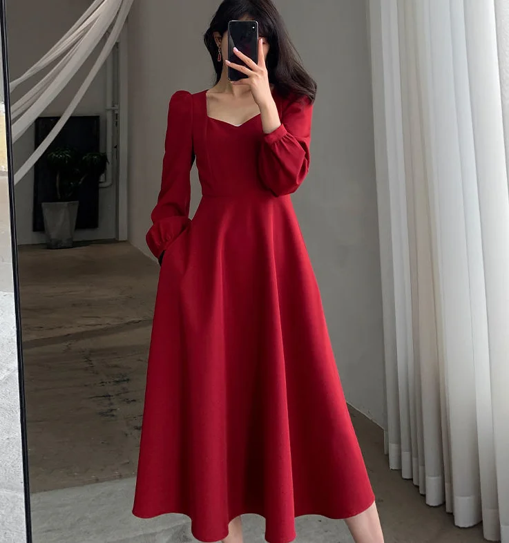 Irregular Design V-neck Slim Waist Belly Dress Women Autumn 2023 Korean  Chic Vintage Long Sleeve Robe Slim Hepburn Style Dresses - AliExpress