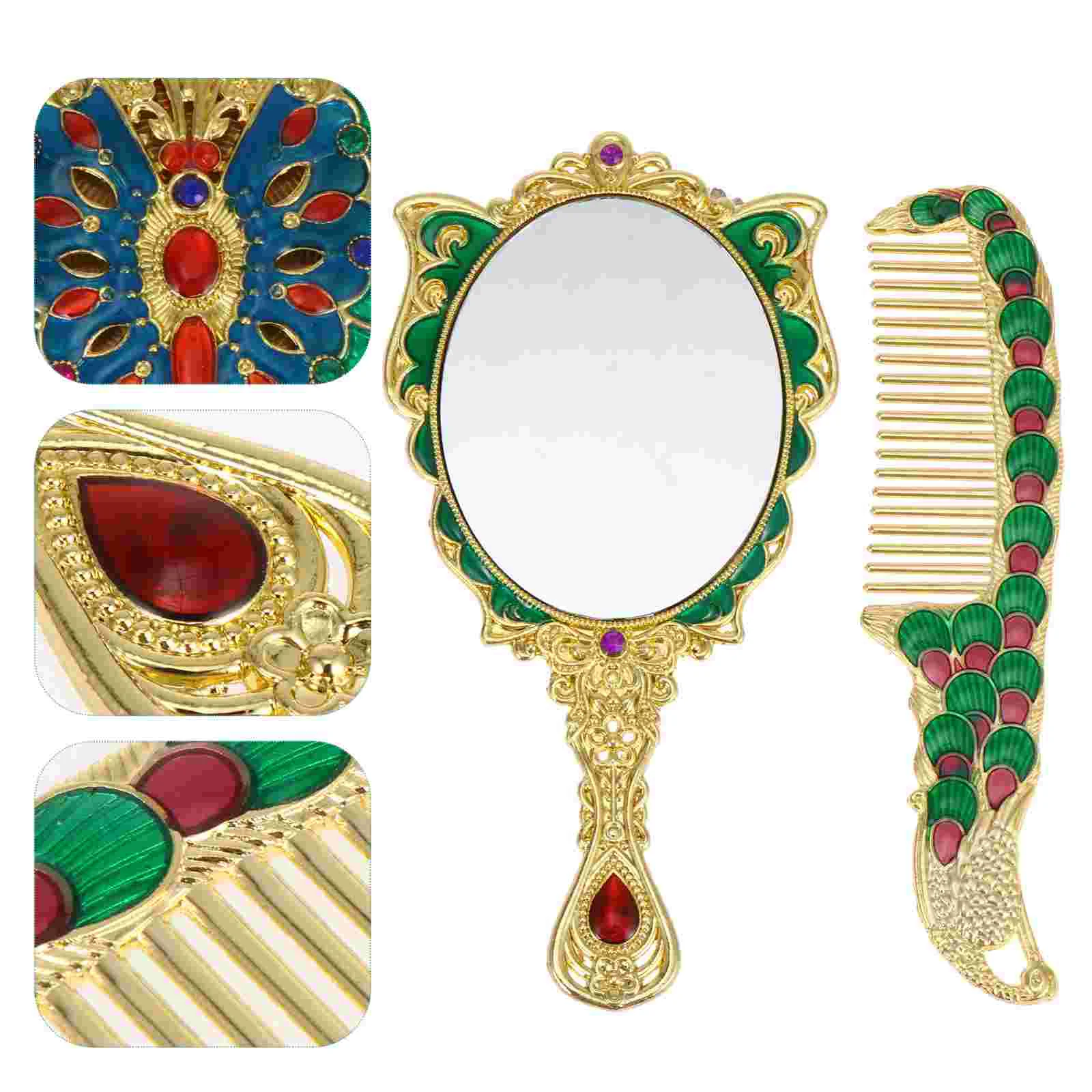 

2 Pcs Metal Handle Mirror Makeup Light Vintage Manual Glasses Comb Makeup+mirror