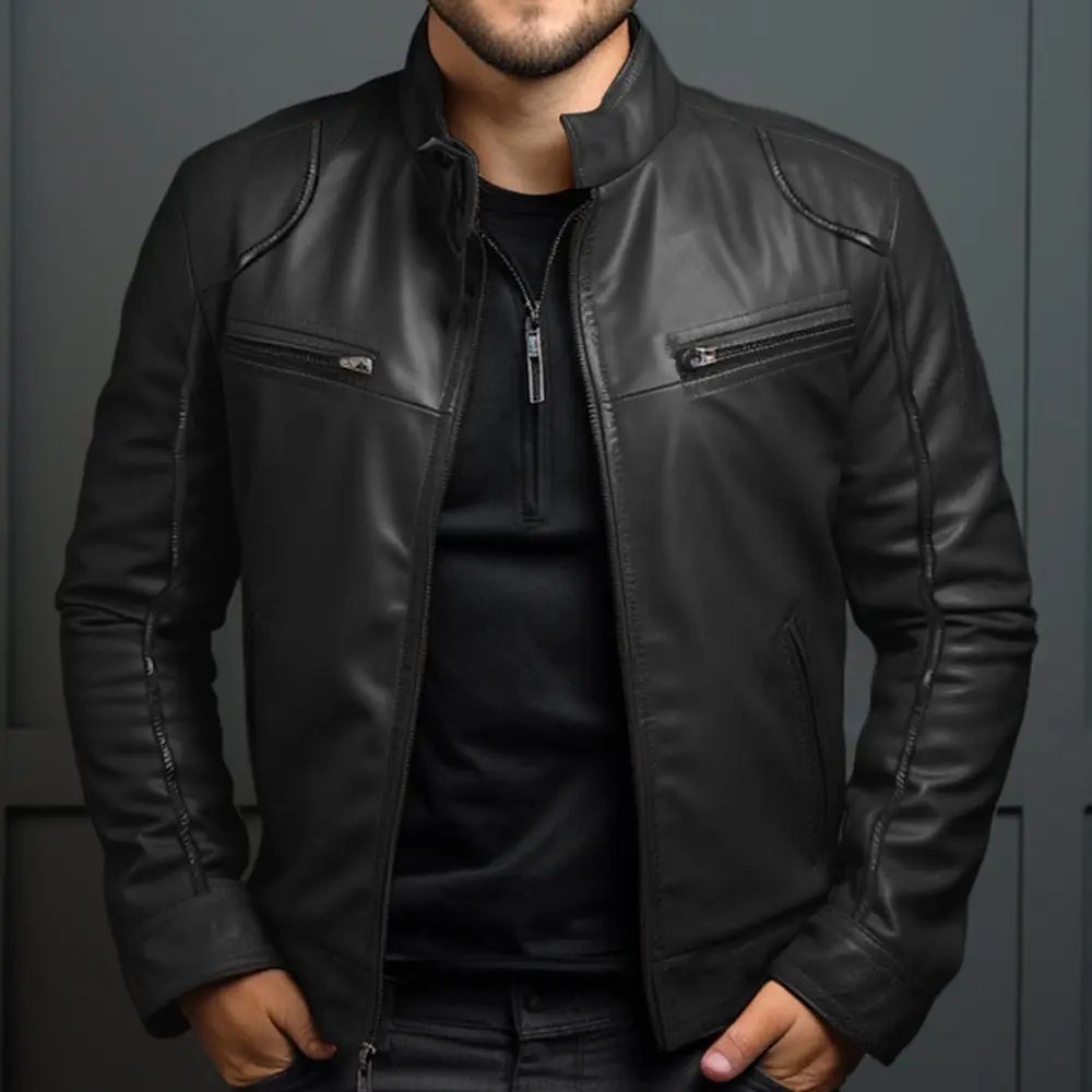 Leather Jackets Men's Biker Stand-up Collar Punk for Winter