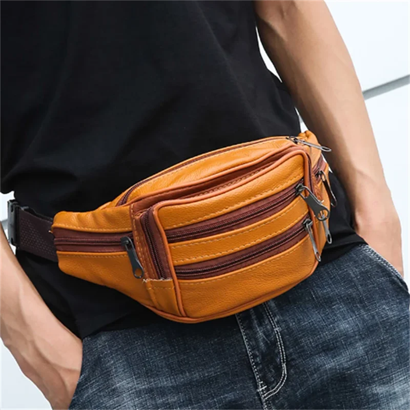 

Men's Waist Bag PU Leather Male Fanny Pack Male Shoulder Chest Bags For Phone Hip Sack Man Belt Pouch Murse Banana Bum Bag 2023