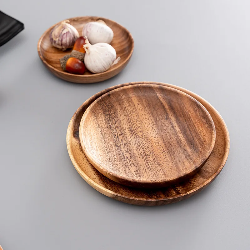 Round Acacia Dish Solid Wood Anti-scalding Wear Resistance Dinner Plate Cuisine Dessert Snack Fruit Dishes Kitchen Restaurant
