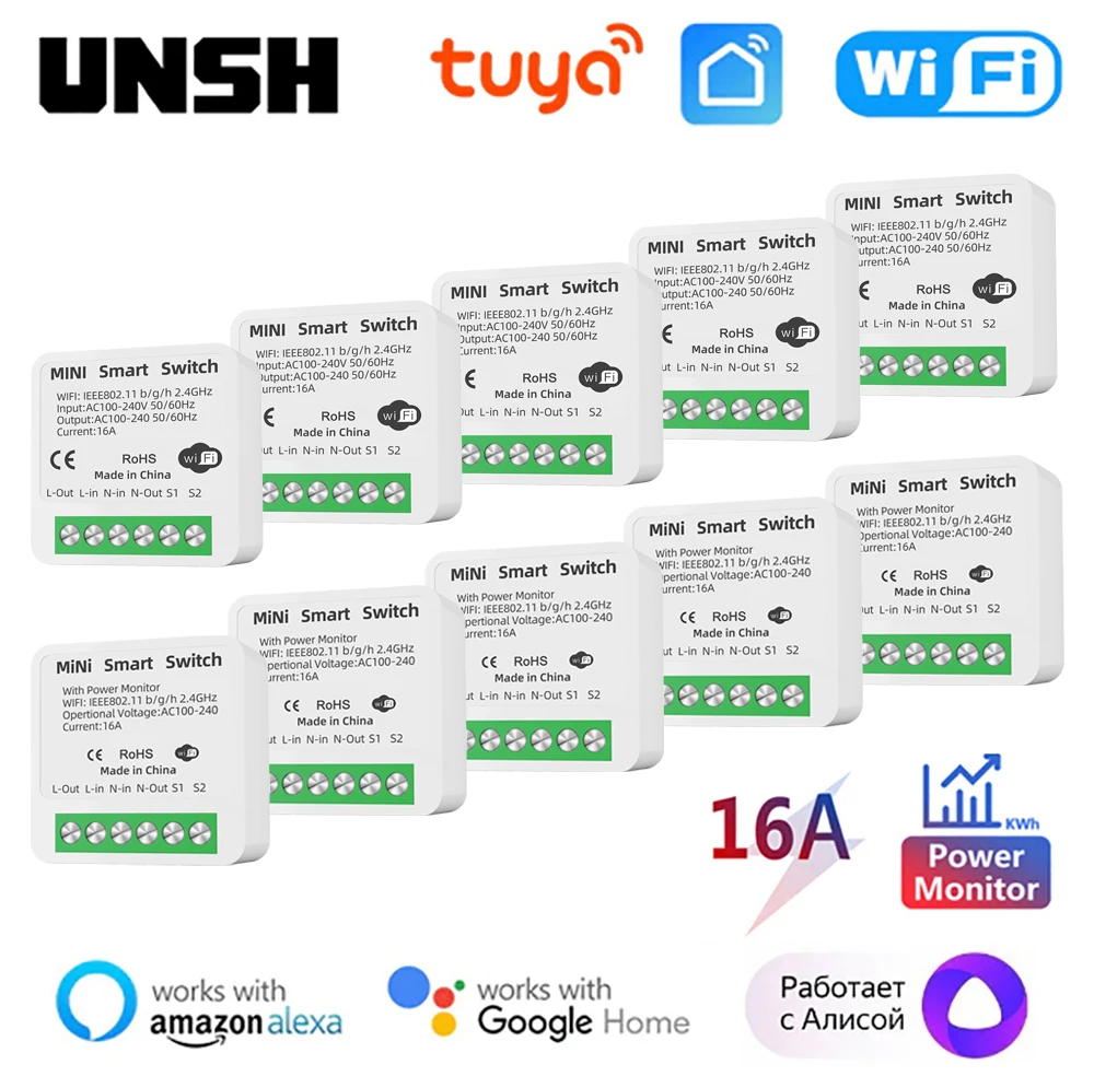 16A Tuya WiFi/ZigBee Smart Switch with Power Monitor 2-way Control Mini Smart Breaker Smart Life Control Via Alexa Google Home