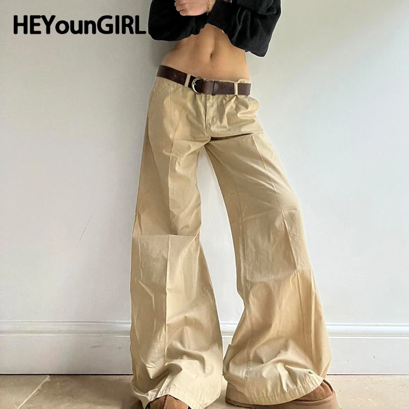 

HEYounGIRL Korean High Street Khaki Wide Leg Pants with Belt Fashion Hip Hop Loose Fit Women Sweatpants Harajuku Basic Trousers