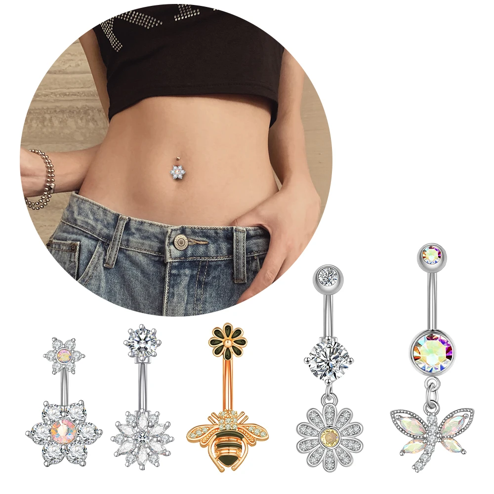 6 stücke Lange Baumelnde Blume Schmetterling Biene Bauchnabel Ring Sets Gold Farbe Körper Nabel Piercing Nombril Herz Gebogene Bauch schmuck – Detail 24