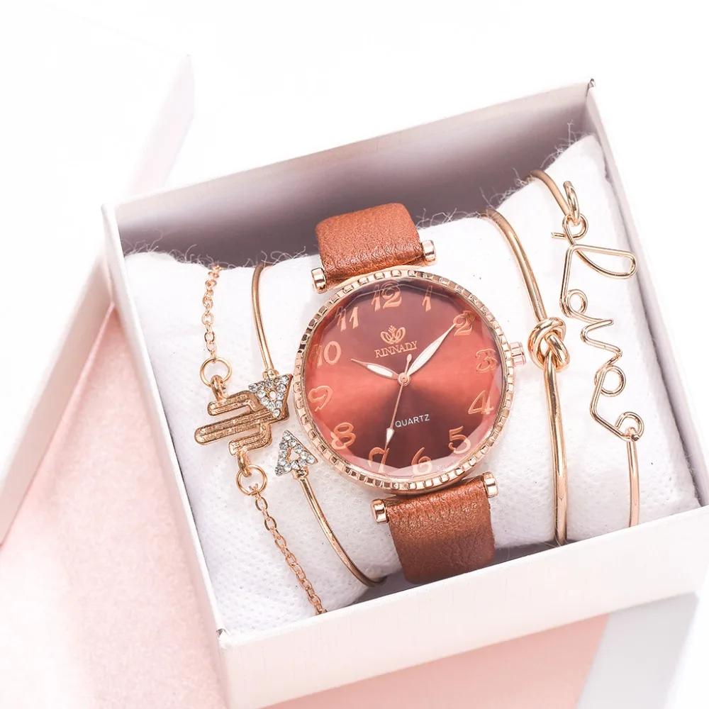 5pc/set New Fashion Women Watches Round Arabic Numerals Leather Watch Women Dress Ladies Wristwatches Luxury Bracelet Watch Set