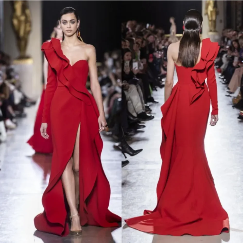 

Elie Saab Red Split Side Mermaid Prom Dresses One Shoulder Long Sleeve Formal Dress Sweep Train Plus Size Evening Gowns Customed