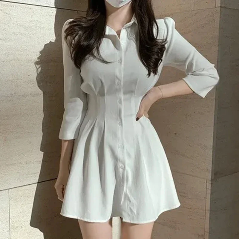 

Elegant Women Pleated Dress High Waisttunic Korean Fashion Single Breasted Minidress White Casual A Line Ladies Partyvestidos