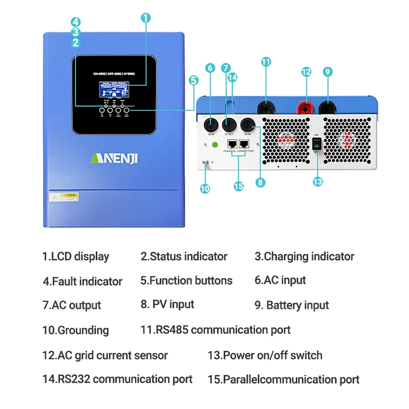 ANENJI 6.2KW 48V 하이브리드 태양광 인버터 병렬형 광전지 온그리드 MPPT 인버터 순수 사인파 220V 120A 태양광 충전기 PV 500V