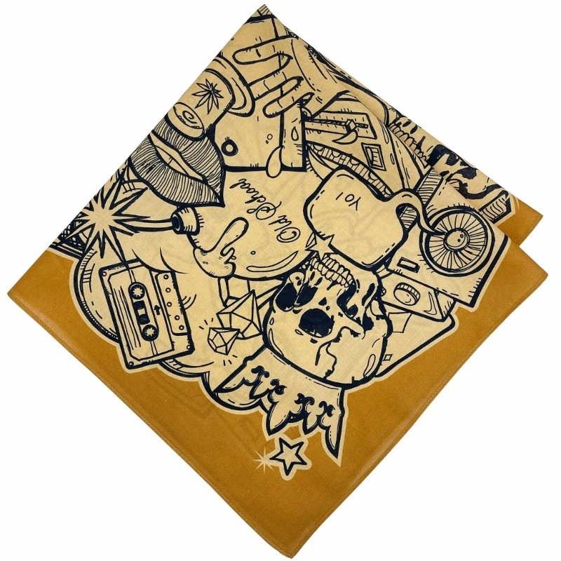 Retro Skull Pattern Bandana Head Scarf for Women Male Square Turbans Head Scarf Lightweight Yellow Street Hip Hop Headscarf 3